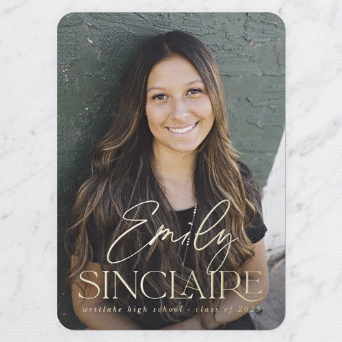 Graceful Designation Graduation Announcement, Gold Foil, White, 5x7, Matte, Personalized Foil Cardstock, Rounded