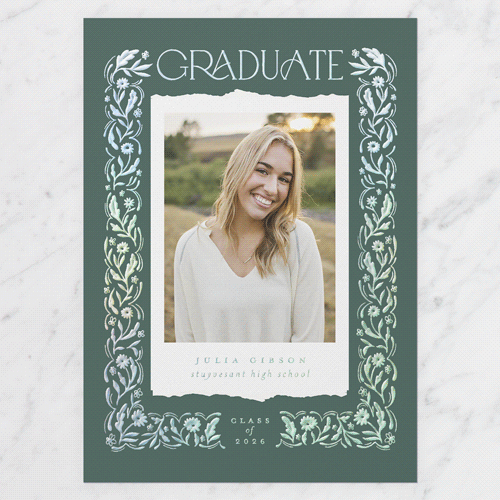 Flowery Architecture Graduation Announcement, Iridescent Foil, Grey, 5x7, Matte, Personalized Foil Cardstock, Square, Whisper Gray