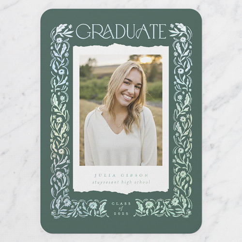 Flowery Architecture Graduation Announcement, Rounded Corners, -Iridescent Foil-Grey-5x7 Digital Foil Card-2025