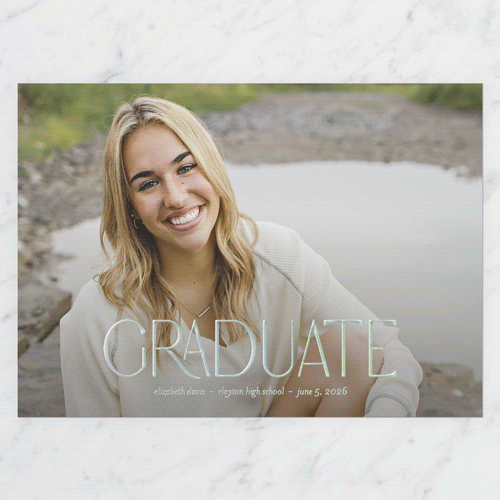Quiet Type Graduation Announcement, Iridescent Foil, White, 5x7, Matte, Personalized Foil Cardstock, Square, White