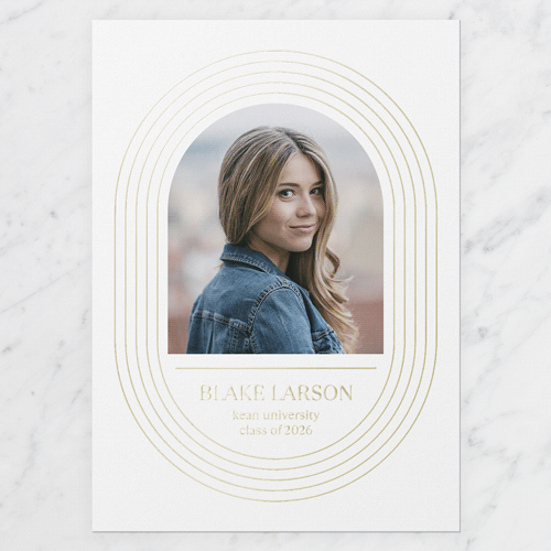 Elaborate Oval Graduation Announcement, Gold Foil, White, 5x7, Matte, Personalized Foil Cardstock, Square, White