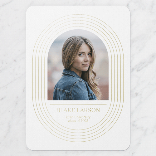 Elaborate Oval Graduation Announcement, Gold Foil, White, 5x7, Matte, Personalized Foil Cardstock, Rounded