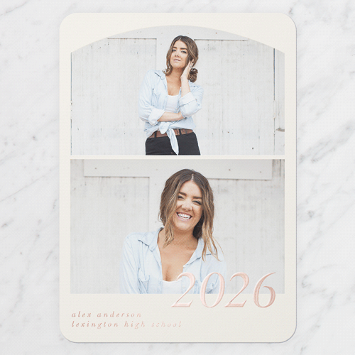 Stacked Scenes Graduation Announcement, Rose Gold Foil, Beige, 5x7, Matte, Personalized Foil Cardstock, Rounded, Cream