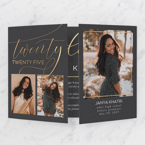 Elaborate Longhand Graduation Announcement, Grey, Gate Fold, Pearl Shimmer Cardstock, Square