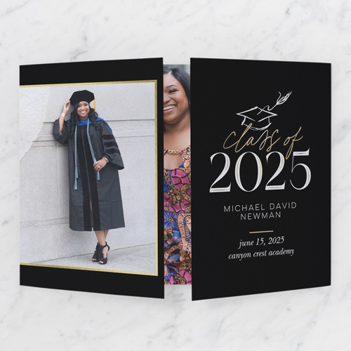 Classy Chic Graduation Announcement, Black, Gate Fold, Matte, Folded Smooth Cardstock, Square
