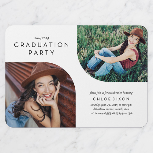 Flowing Frames Graduation Invitation, White, 5x7 Flat, Write Your Own, Pearl Shimmer Cardstock, Rounded