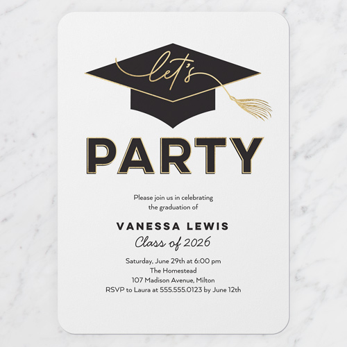 Party Cap Graduation Invitation, White, 5x7 Flat, Standard Smooth Cardstock, Rounded, White