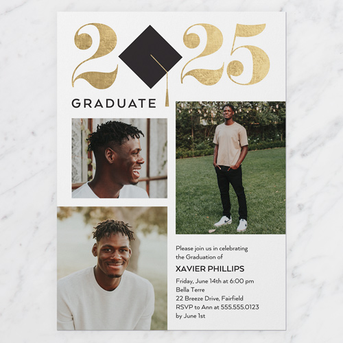 Iconic Cap Graduation Invitation, White, 5x7 Flat, Luxe Double-Thick Cardstock, Square