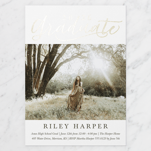 Exultant Grad Graduation Invitation, Gold Foil, White, 5x7 Flat, Matte, Signature Smooth Cardstock, Square, White