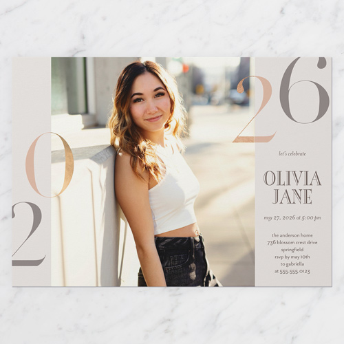 Bookend Year Graduation Invitation, Grey, 5x7 Flat, Luxe Double-Thick Cardstock, Square, Whisper Gray