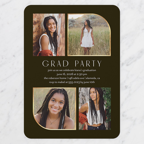 Arched Grad Graduation Invitation, Black, 5x7 Flat, Pearl Shimmer Cardstock, Rounded, Coal