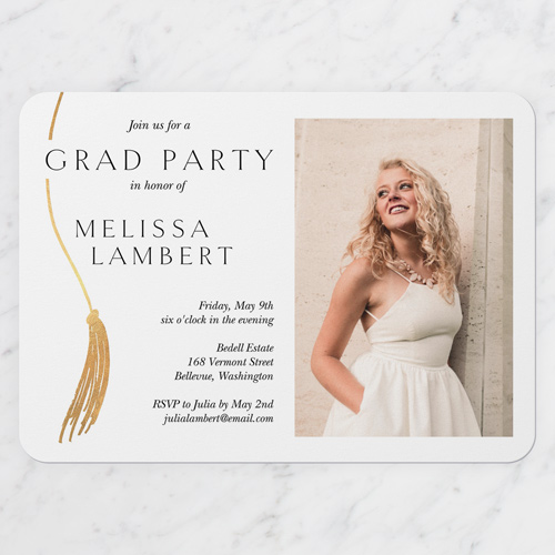 Swaying Tassel Graduation Invitation, White, 5x7 Flat, Write Your Own, 100% Recycled Cardstock , Rounded