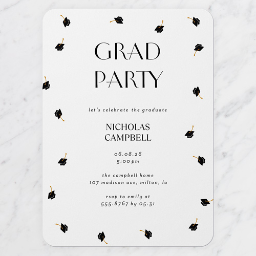 Cap Showers Graduation Invitation, White, 5x7 Flat, Write Your Own, 100% Recycled Cardstock , Rounded, White