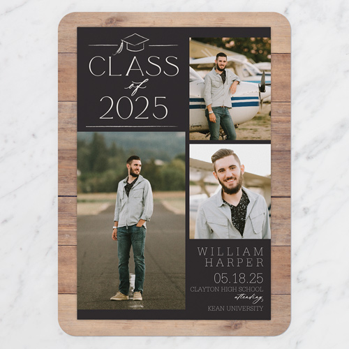 Classy Commencement Graduation Announcement, Black, 5x7 Flat, Pearl Shimmer Cardstock, Rounded