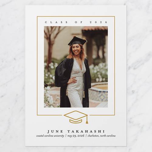 Lined Cap Graduation Announcement, White, 5x7 Flat, Pearl Shimmer Cardstock, Square, White