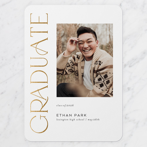 Luxe Grad Graduation Announcement, White, 5x7 Flat, Pearl Shimmer Cardstock, Rounded, White