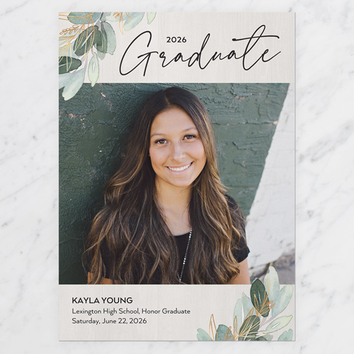 Leafy Corners Graduation Announcement, Gray, 5x7 Flat, 100% Recycled Cardstock , Square, Gray