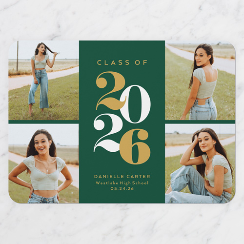 School Spirit Graduation Announcement, Green, 5x7 Flat, Pearl Shimmer Cardstock, Rounded, Spruce