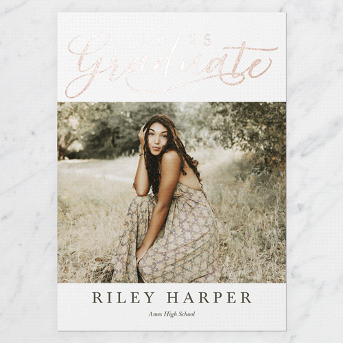 Exultant Grad Graduation Announcement, Rose Gold Foil, White, 5x7 Flat, Pearl Shimmer Cardstock, Square