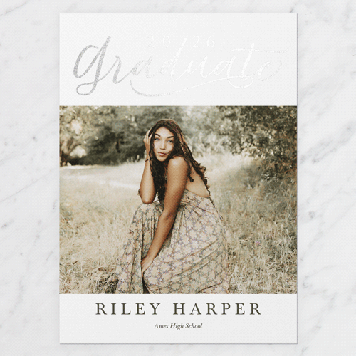 Exultant Grad Graduation Announcement, White, Silver Foil, 5x7 Flat, Luxe Double-Thick Cardstock, Square, White