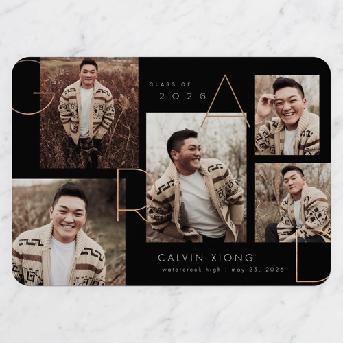 Scattered Letters Graduation Announcement, Black, 5x7 Flat, Pearl Shimmer Cardstock, Rounded, Black