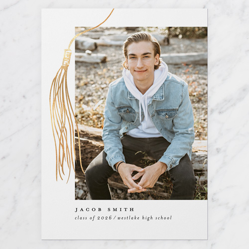 Drawn Tassel Graduation Announcement, Blue, 5x7 Flat, Write Your Own, Pearl Shimmer Cardstock, Square, Navy