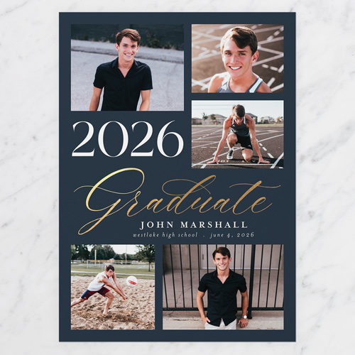 Fancy Penmanship Graduation Announcement, Blue, 5x7 Flat, Matte, Signature Smooth Cardstock, Square, Navy