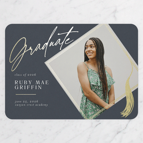 Captivating Tassel Graduation Announcement, Gold Foil, Grey, 5x7 Flat, Pearl Shimmer Cardstock, Rounded, Blue Slate