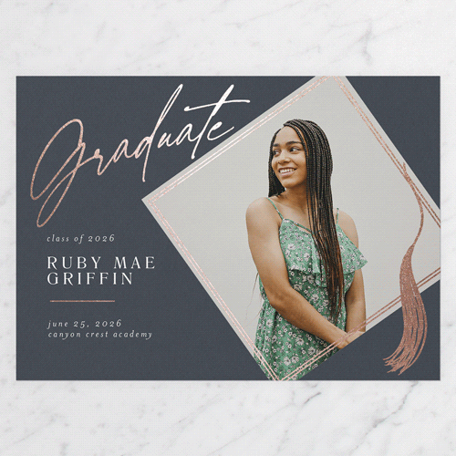 Captivating Tassel Graduation Announcement, Rose Gold Foil, Grey, 5x7 Flat, Luxe Double-Thick Cardstock, Square, Blue Slate