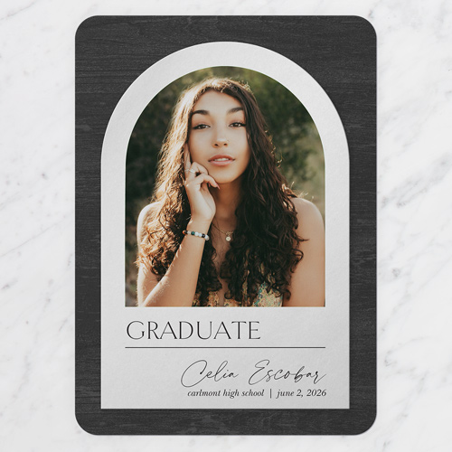 Textured Arch Graduation Announcement, Black, 5x7 Flat, Write Your Own, Pearl Shimmer Cardstock, Rounded, Coal