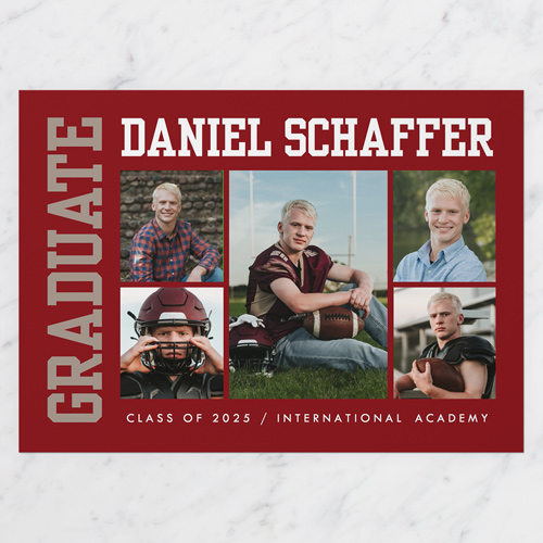 Side Varsity Graduation Announcement, Red, 5x7 Flat, Write Your Own, Pearl Shimmer Cardstock, Square
