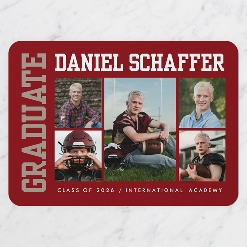 Side Varsity Graduation Announcement, Red, 5x7 Flat, Write Your Own, Pearl Shimmer Cardstock, Rounded, Marsala