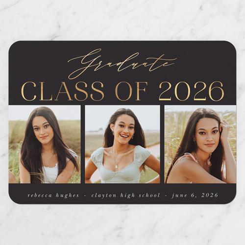 Graceful Characters Graduation Announcement, Black, 5x7 Flat, Pearl Shimmer Cardstock, Rounded, Black