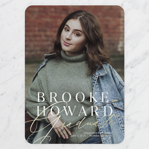 Name Overlay Graduation Announcement, White, Gold Foil, 5x7 Flat, Matte, Signature Smooth Cardstock, Rounded, White