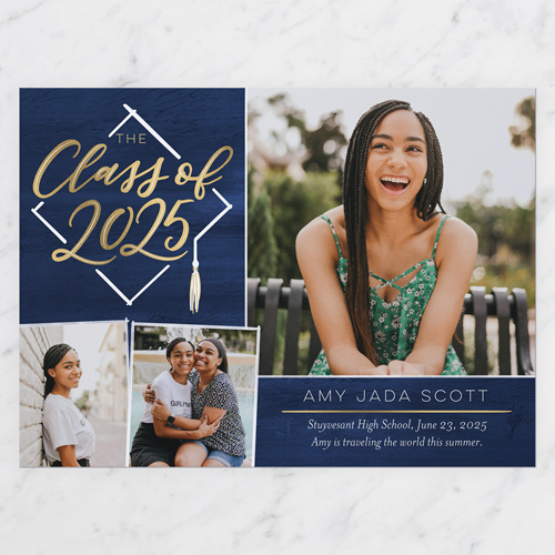 Hand Drawn Cap Graduation Announcement, Blue, 6x8 Flat, Pearl Shimmer Cardstock, Square