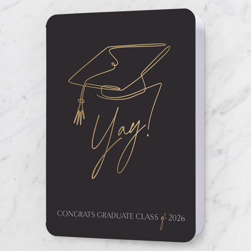 Illustrated Cap Graduation Greeting Card, Black, 5x7 Folded, Pearl Shimmer Cardstock, Rounded, Black