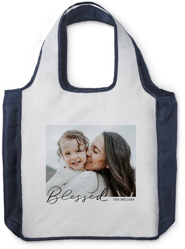 Blessed Calligraphy Reusable Shopping Bag, True Blue, Black, black
