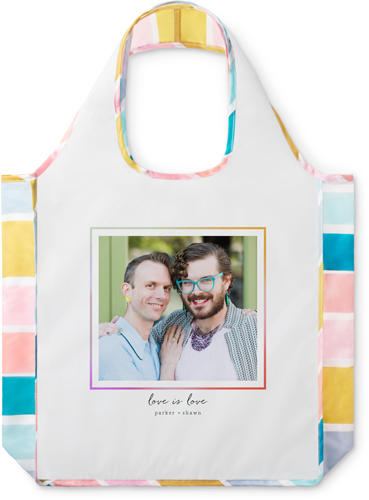 Rainbow Border Reusable Shopping Bag, Stripe, White, white