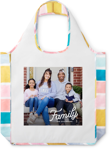 Tilted Family Letters Reusable Shopping Bag, Stripe, White