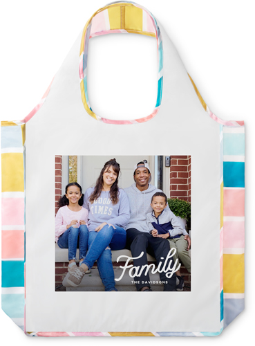 Tilted Family Letters Reusable Shopping Bag, Stripe, White