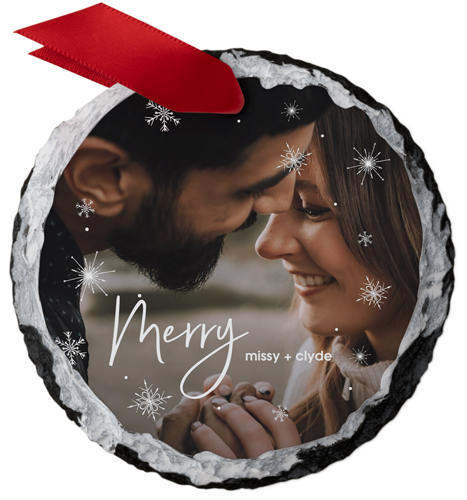 Merry Snowflake Sparkles Slate Ornament, White, Circle, white