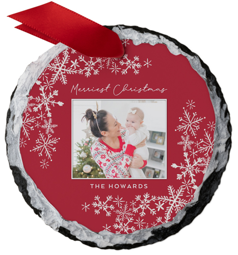 Snowflakes Corner Slate Ornament, Red, Circle