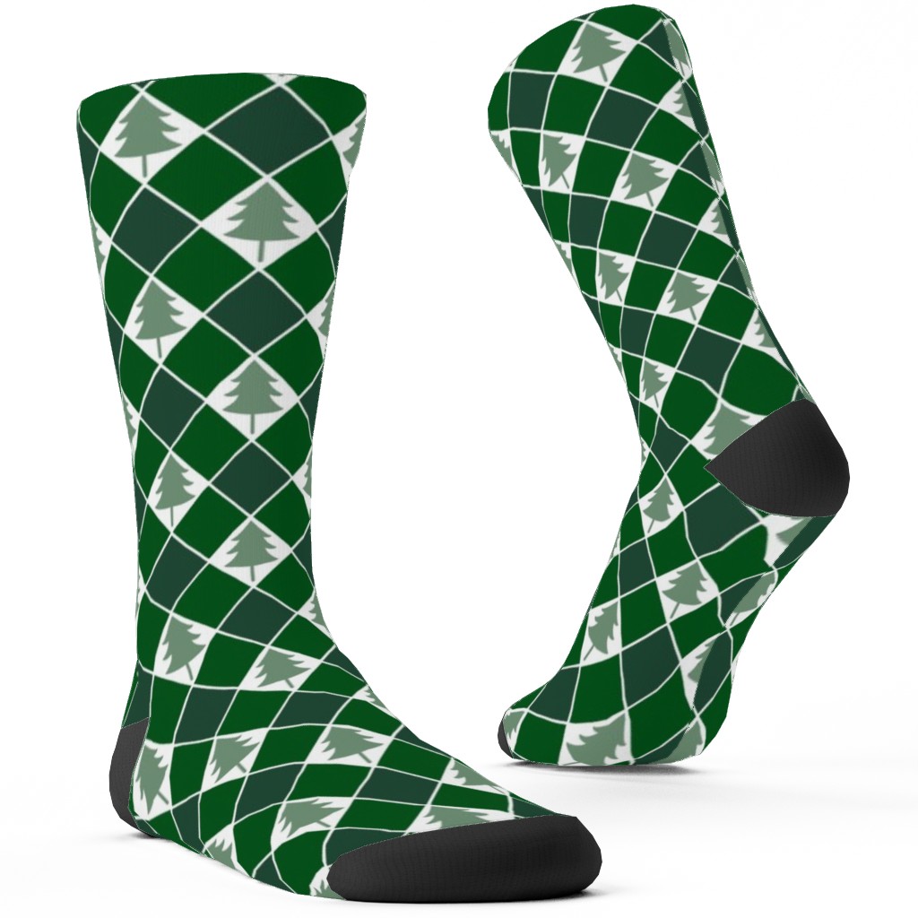 Christmas Tree Checkers - Green Custom Socks, Green