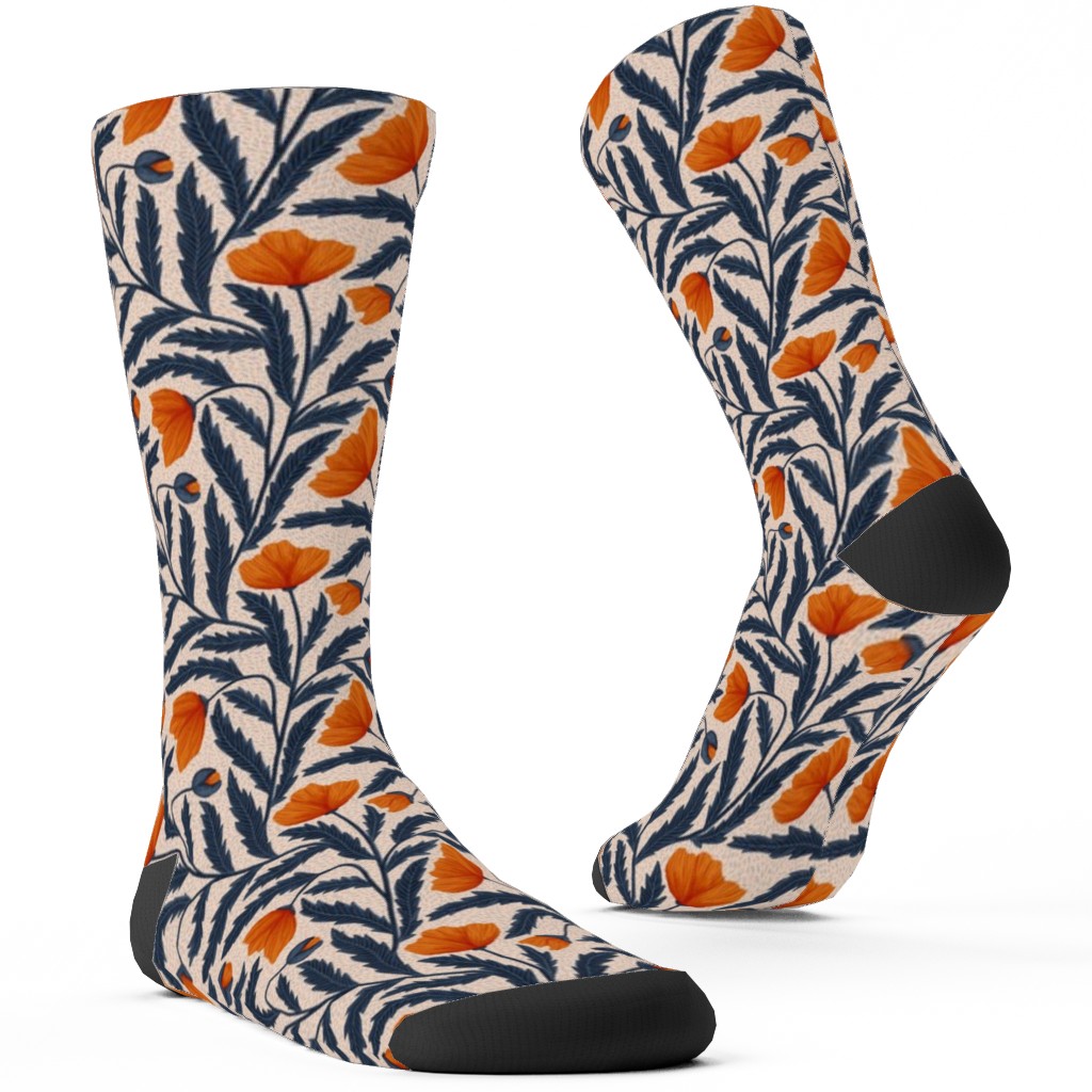Poppy Flower - Blue and Orange Custom Socks, Blue