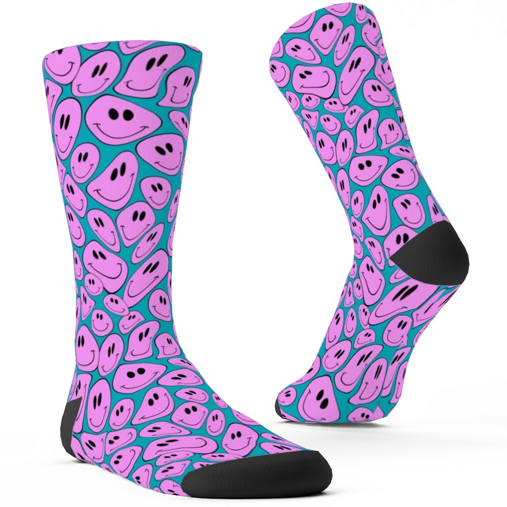 Retro Smiley Face - Blue and Purple Custom Socks, Purple, Purple