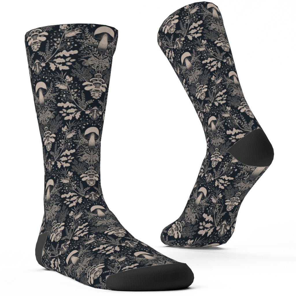 Mushroom Forest Damask Custom Socks, Black