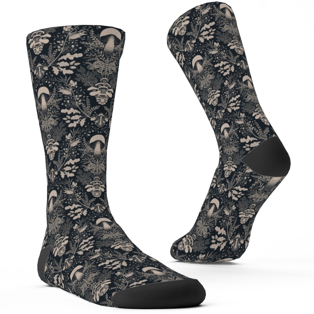 Mushroom Forest Damask Custom Socks, Black, Black