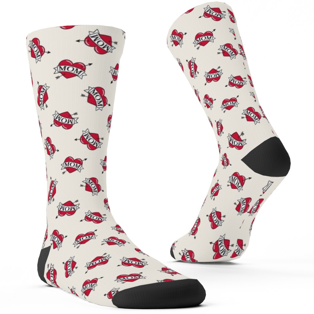 Mom Heart Tattoo - Red on Cream Custom Socks, Red, Red
