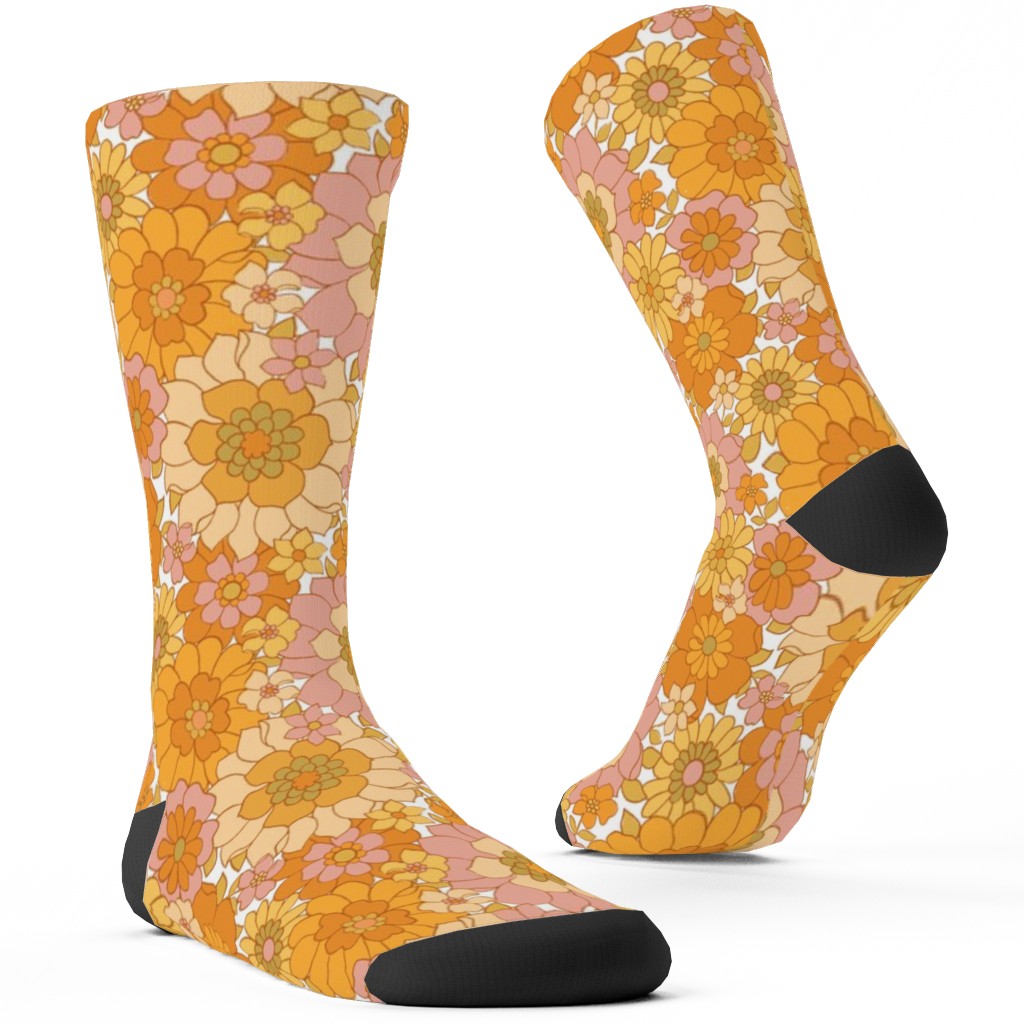 Avery Retro Floral Custom Socks, Orange, Light Salmon