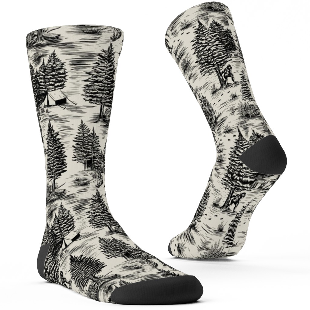 Bigfoot Sasquatch Toile De Jouy Custom Socks, Black, Black